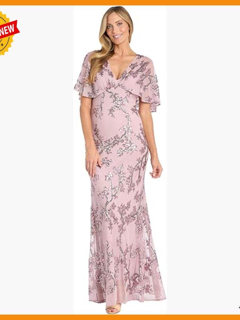 Long Beaded Floral Formal Gown With Sheer Capelet Flutter Sleeves